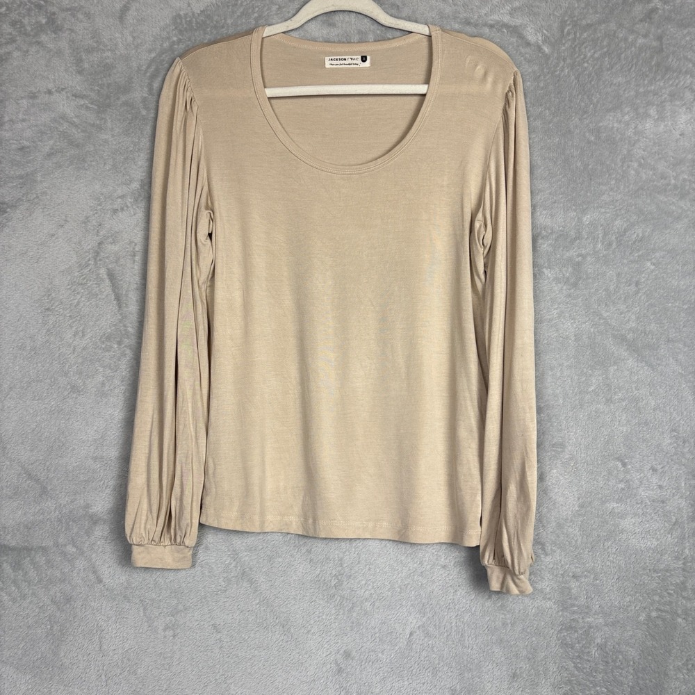 Jackson Rowe‎ Beige Balloon Sleeve Scoop Neck Modal Top Womens Small Long Sleeve